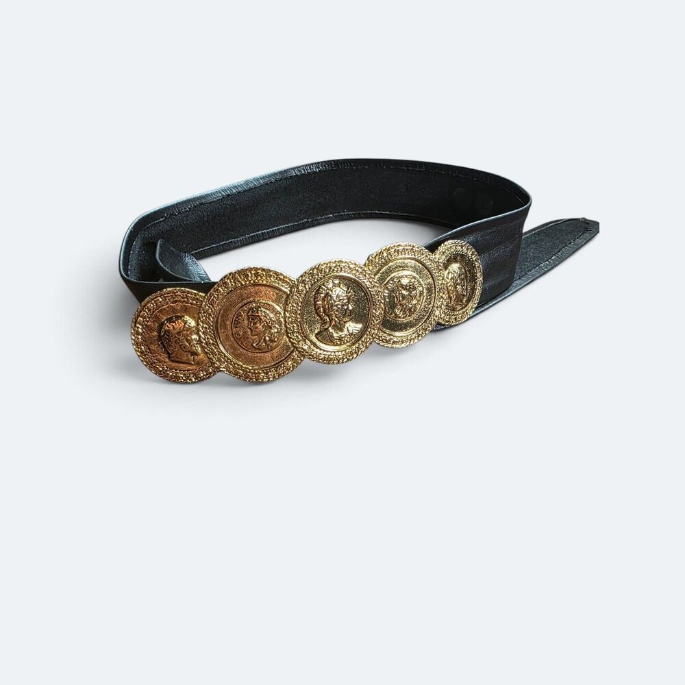 Vintage Leather Shop Black Leather Belt Gold Coin Medallion Roman Greek Bust